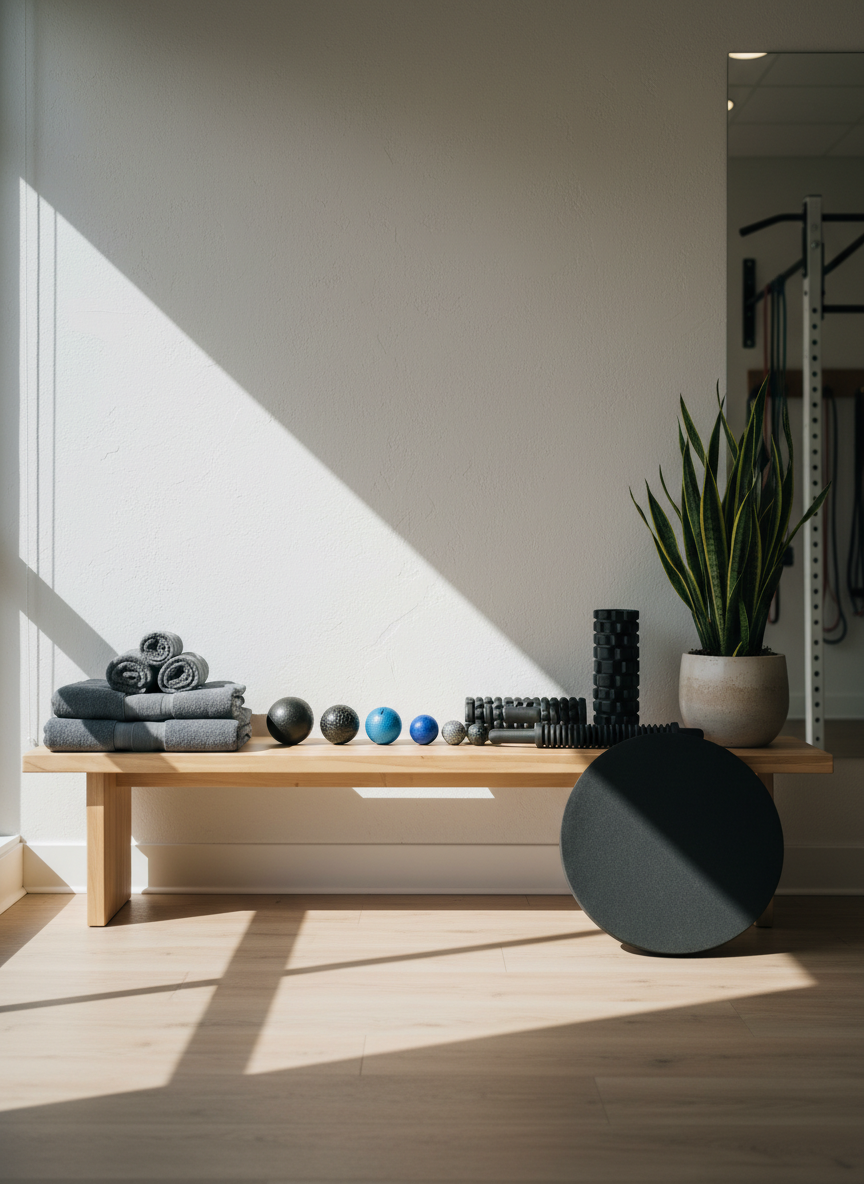 A serene recovery and mobility nook within a chiropractic rehab facility, featuring a neatly folded slate-gray towel stack atop a low wooden bench, beside a row of high-density mobility balls and a textured massage stick. A small planter with a deep green indoor plant softens the scene, while a foam balance pad leans carefully against the bench, suggesting gentle stability work. Soft, indirect natural light from a side window creates a calming glow with delicate shadows, avoiding any harsh or clinical feel. Photographic realism with a centered, symmetrical composition and moderate depth of field produces a peaceful yet purposeful atmosphere, evoking restorative sessions for active adults focused on long-term pain-free performance.