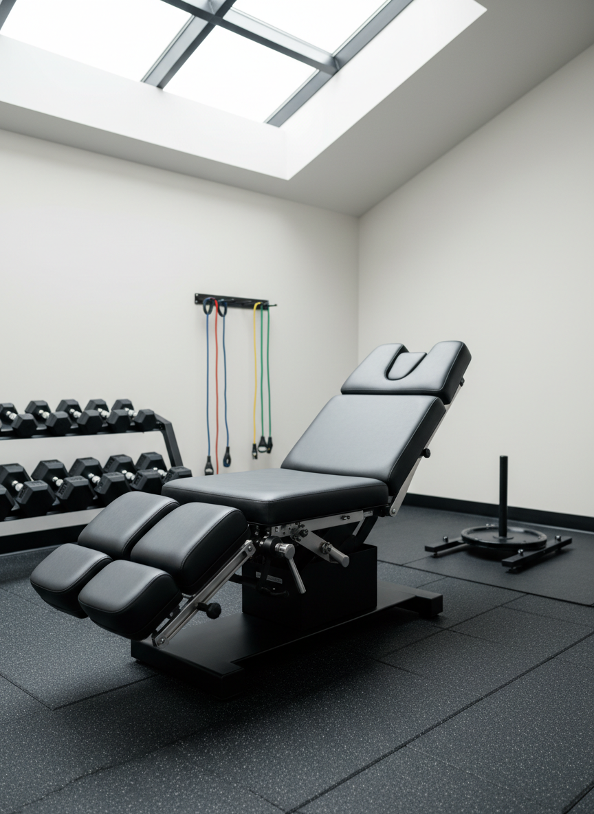 An elegant, photographic realism depiction of a chiropractic-adjustable bench integrated into a performance training area, with the bench’s smooth dark leather surface, brushed metal levers, and firm padding shown in intricate detail. Surrounding it are neatly lined-up hex dumbbells, a small sled, and a set of color-coded mobility bands hanging from a minimalist wall rack. Natural skylight from above bathes the scene in soft, even illumination, casting gentle edge highlights on the metal hardware and subtle shadows on the rubberized floor. Shot at a three-quarter angle with moderate depth of field, the mood is professional, efficient, and quietly powerful, evoking an environment where active adults transition seamlessly from treatment to performance training.