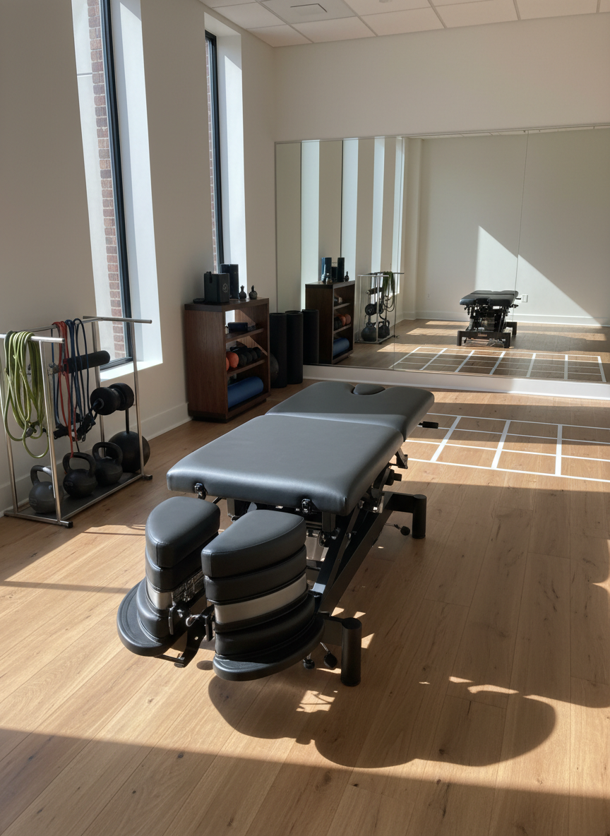 A sleek chiropractic rehab studio focused on movement, with a modern adjustable treatment table in matte charcoal vinyl as the central subject. Around it, minimalist racks hold neatly organized resistance bands, kettlebells, and foam rollers, all in muted athletic colors. The space features warm wood flooring and a large wall mirror reflecting an open training area marked with subtle mobility grid lines on the floor. Soft natural daylight pours in from tall windows, creating gentle, directional shadows and a clean, professional atmosphere. Photographic realism at eye level, with sharp focus throughout, conveys a calm, confident, performance-oriented environment that feels far from a hospital and clearly designed for active adults and athletes.