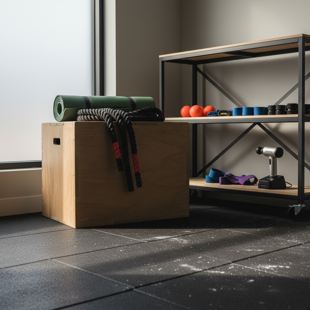 A dynamic performance-rehab corner featuring a wooden plyometric box with crisp edges, a rolled-up yoga mat, and a neatly coiled battle rope, all resting on dark rubber flooring with faint chalk marks that hint at serious training. A nearby open shelving unit holds trigger point balls, hip mobility bands, and a compact massage gun docked in its charging base. Morning sunlight filters through a large window with frosted glass, creating a bright yet softly diffused light that highlights textures and casts long, gentle shadows. Photographic realism from a slightly low angle, with the composition using the rule of thirds, conveys energy, readiness, and the idea of returning to athletic activities stronger and pain free, without any clinical or hospital feel.
