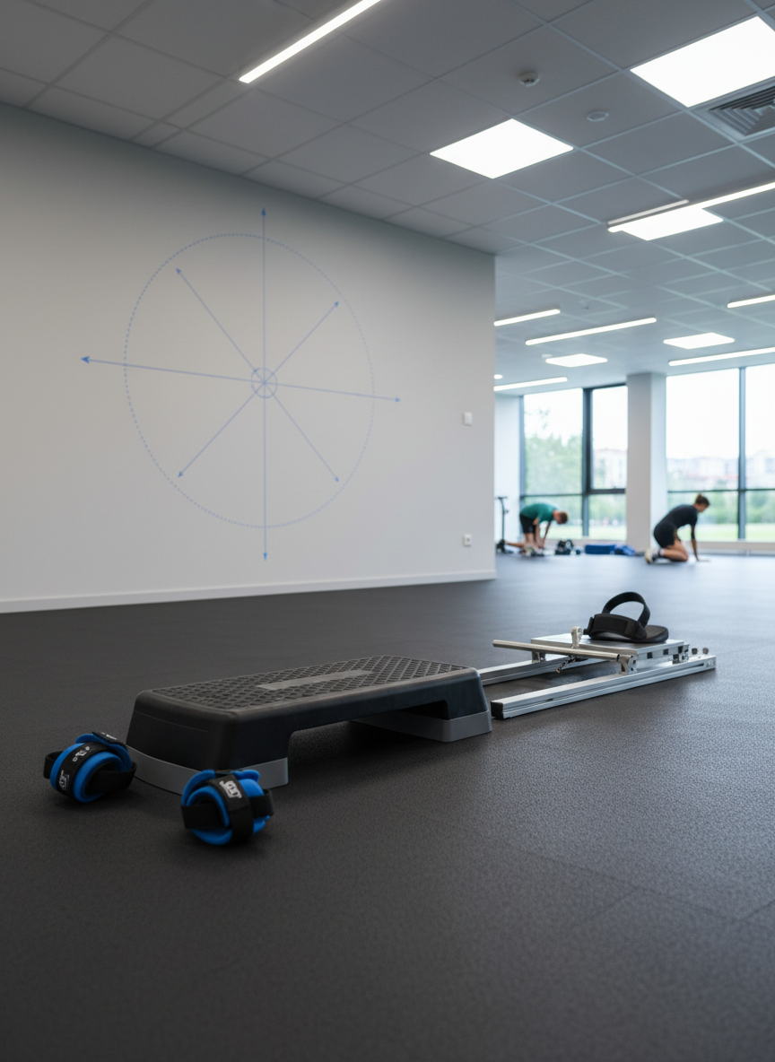 A specialized lower-body rehab station with a sturdy step-up platform, adjustable ankle weights, and a precisely aligned sled track, all arranged on a clean rubber training surface. On the wall behind, a subtle, stylized diagram of joint angles and movement arcs (no text) hints at biomechanical analysis. Overhead LED panel lighting provides bright, even illumination, eliminating harsh shadows while keeping the mood professional and optimistic. Captured in photographic realism from an eye-level perspective with sharp focus, the image emphasizes structured, science-based rehabilitation for runners and field sport athletes, supporting the idea of correcting underlying movement issues rather than just masking pain.